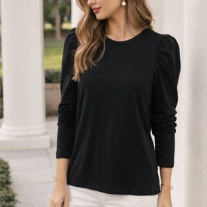 Pomander Place Tuckernuck Puff Sleeve Black Blouse Top Preppy Sleek Size Medium